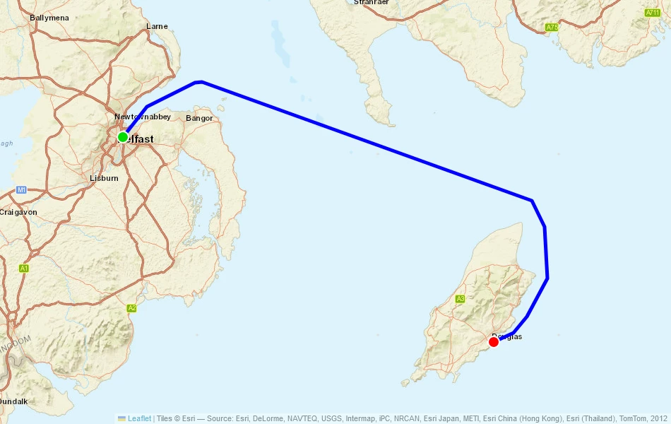 Route der Fähre von Belfast (Vereinigtes Königreich) nach Douglas (Isle of Man) auf der Karte