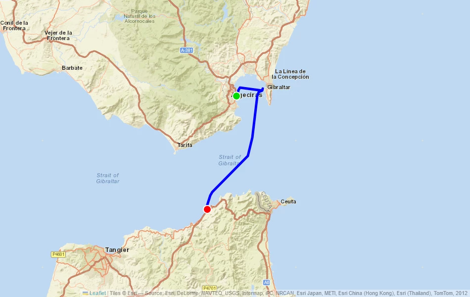 Route der Fähre von Algeciras (Spanien) nach Tanger Med (Marokko) auf der Karte