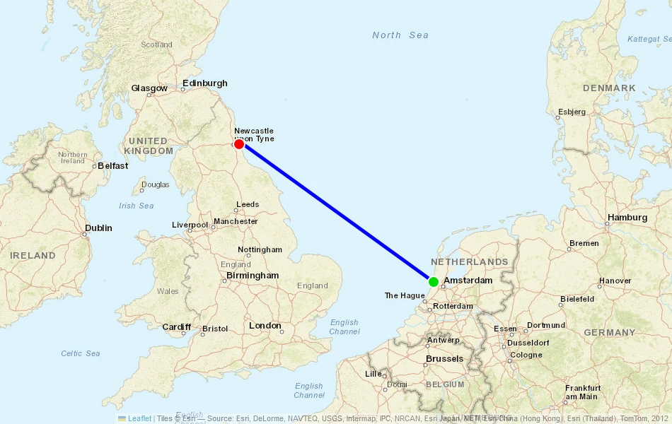 Route der Fähre von Amsterdam (Ijmuiden) (Niederlande) nach Newcastle (Vereinigtes Königreich) auf der Karte