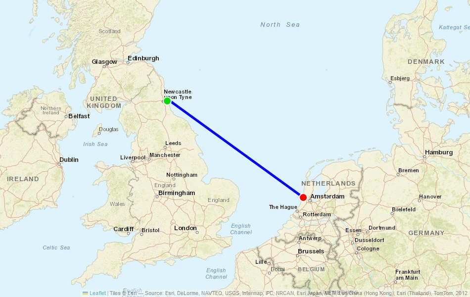 Route der Fähre von Newcastle (Vereinigtes Königreich) nach Amsterdam (Ijmuiden) (Niederlande) auf der Karte