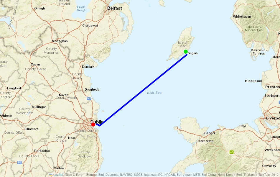 Route der Fähre von Douglas (Isle of Man) nach Dublin (Irland) auf der Karte