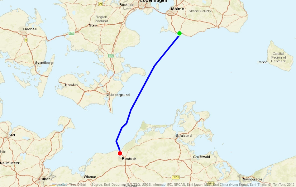 Route der Fähre von Trelleborg (Schweden) nach Rostock (Deutschland) auf der Karte