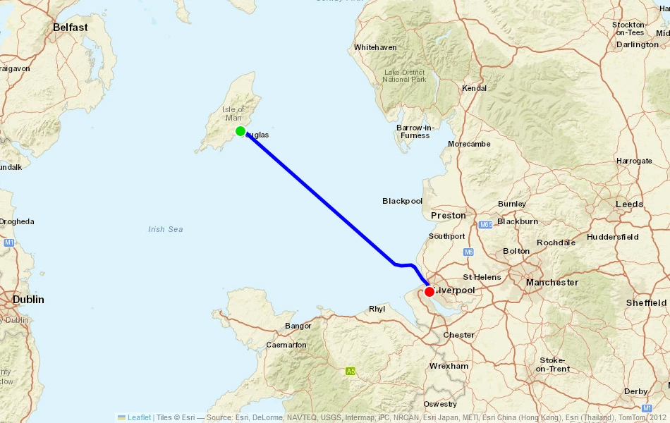 Route der Fähre von Douglas (Isle of Man) nach Liverpool (Vereinigtes Königreich) auf der Karte