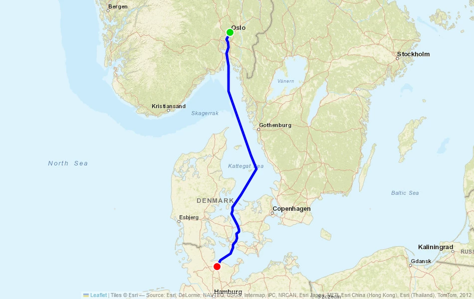 Route der Fähre von Oslo (Norwegen) nach Kiel (Deutschland) auf der Karte