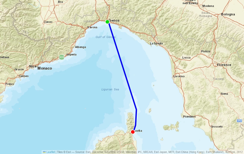 Route der Fähre von Genua (Italien) nach Bastia (Frankreich) auf der Karte