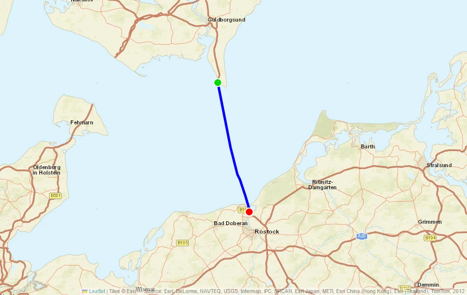 Route der Fähre von Gedser (Dänemark) nach Rostock (Deutschland) auf der Karte