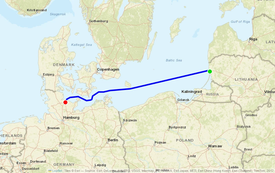 Route der Fähre von Klaipeda (Litauen) nach Kiel (Deutschland) auf der Karte