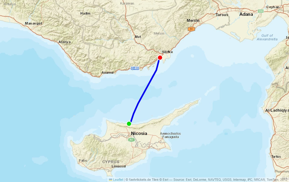 Route der Fähre von Kyrenia (Zypern) nach Tasucu (Türkei) auf der Karte