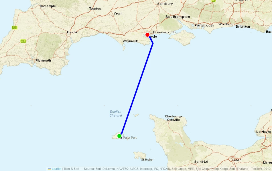 Route der Fähre von Guernsey (Guernsey) nach Poole (Vereinigtes Königreich) auf der Karte
