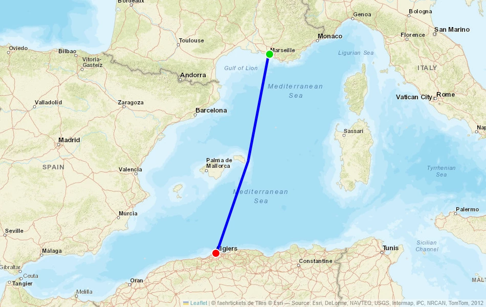 Route der Fähre von Marseille (Frankreich) nach Algiers (Algerien) auf der Karte