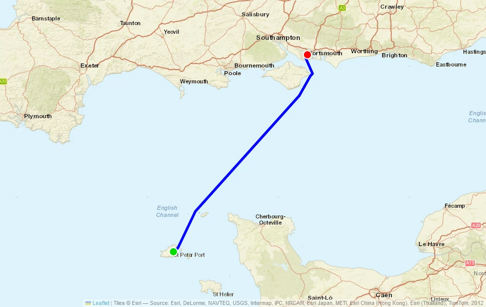 Route der Fähre von Guernsey (Guernsey) nach Portsmouth (Vereinigtes Königreich) auf der Karte