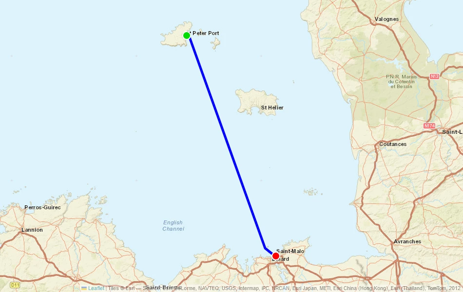 Route der Fähre von Guernsey (Guernsey) nach St Malo (Frankreich) auf der Karte