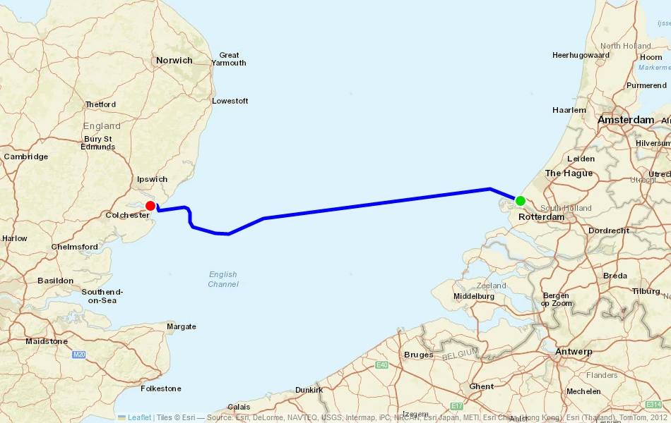Route der Fähre von Harwich (Vereinigtes Königreich) nach Hoek van Holland (Niederlande) auf der Karte
