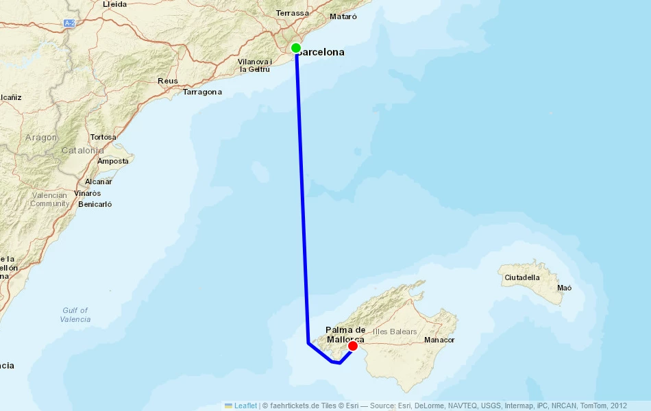 Route der Fähre von Barcelona (Spanien) nach Palma (Spanien) auf der Karte