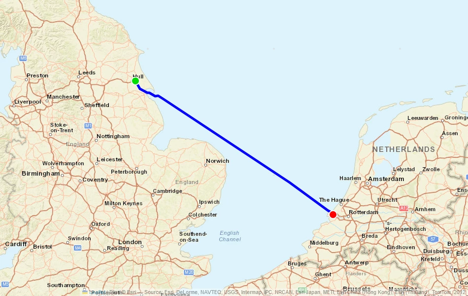 Route der Fähre von Hull (Vereinigtes Königreich) nach Rotterdam (Niederlande) auf der Karte