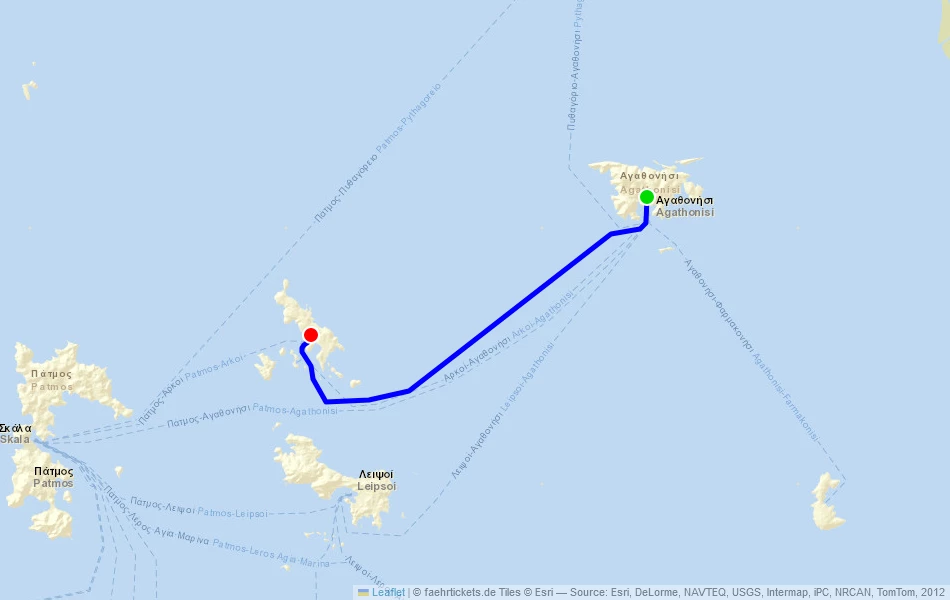 Route der Fähre von Agathonisi (Griechenland) nach Arki (Griechenland) auf der Karte