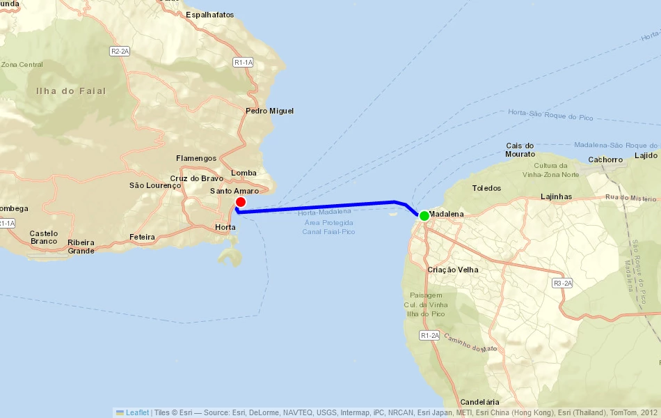 Route der Fähre von Madalena (Portugal) nach Horta (Portugal) auf der Karte