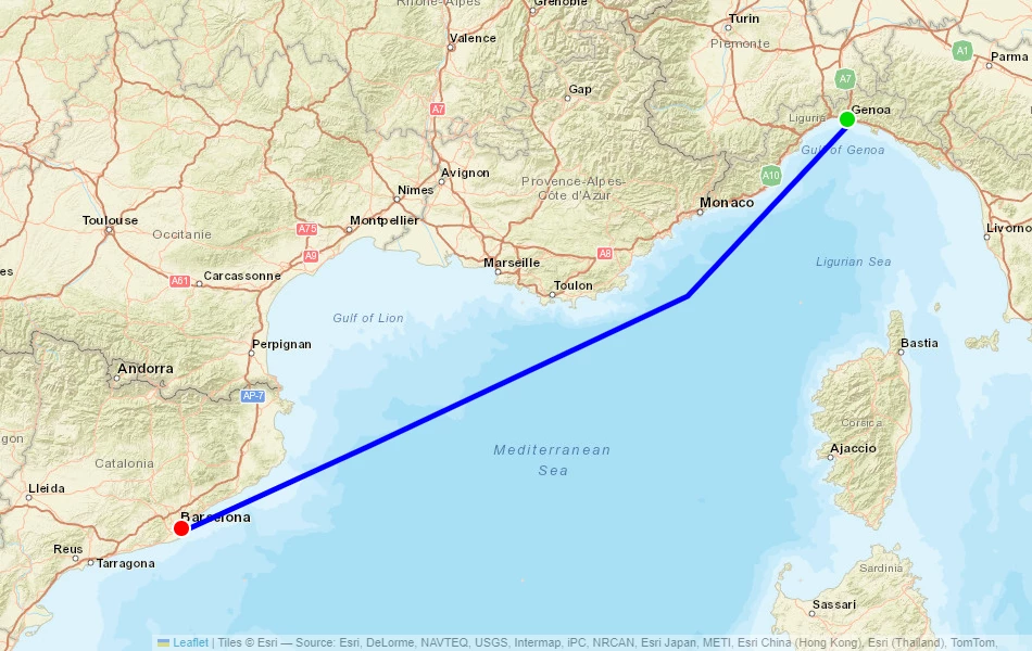 Route der Fähre von Barcelona (Spanien) nach Genua (Italien) auf der Karte