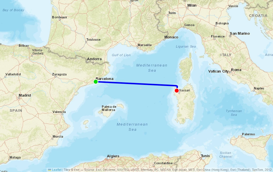 Route der Fähre von Barcelona (Spanien) nach Civitavecchia (Italien) auf der Karte