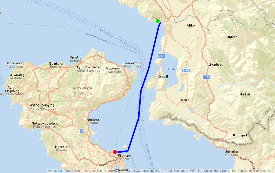 Route der Fähre von Saranda (Albanien) nach Korfu (Griechenland) auf der Karte