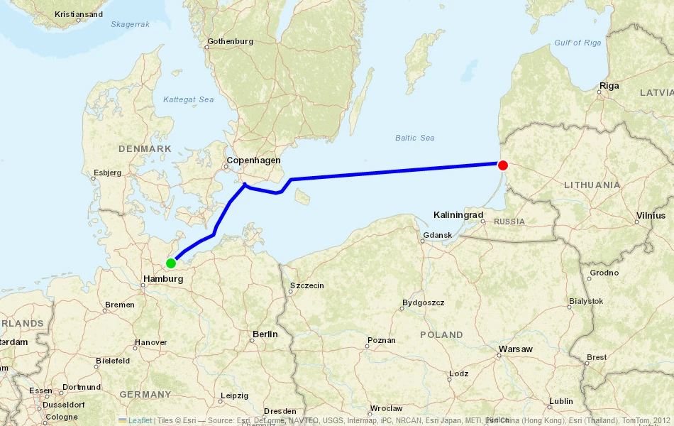 Route der Fähre von Travemünde (Deutschland) nach Klaipeda (Litauen) auf der Karte
