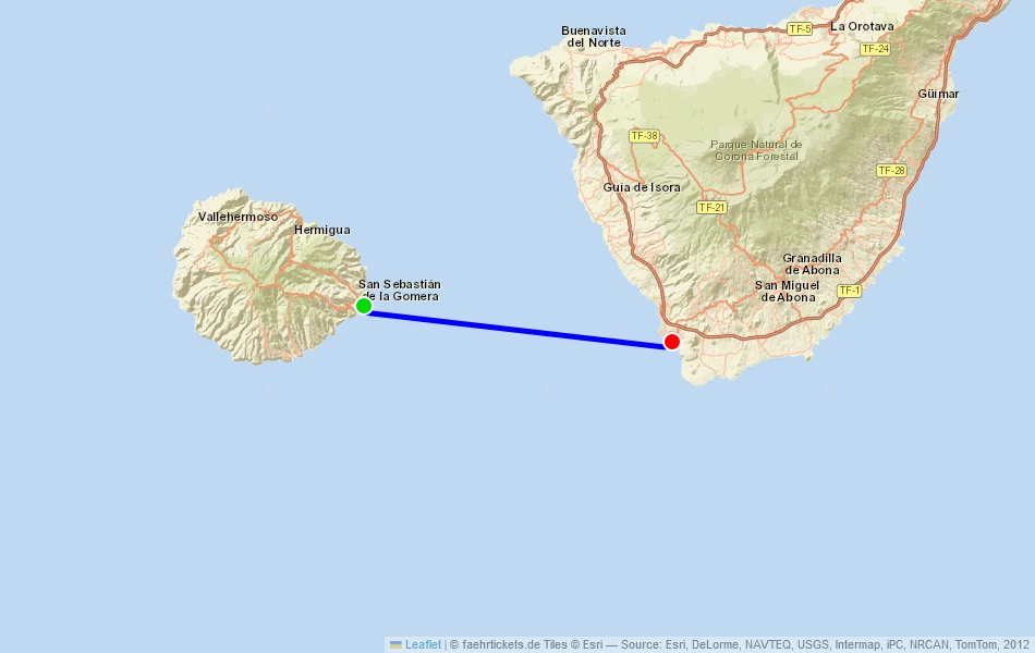 Route der Fähre von San Sebastian de la Gomera (Spanien) nach Los Cristianos (Spanien) auf der Karte