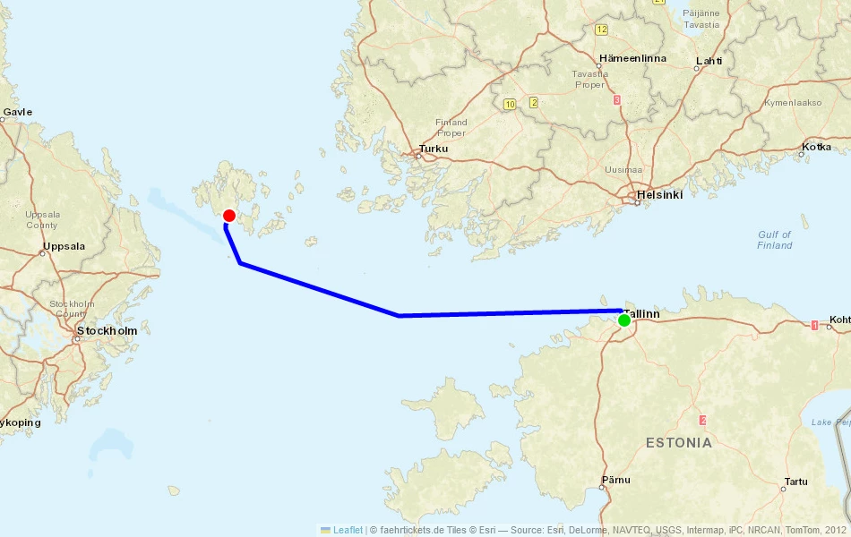 Route der Fähre von Tallinn (Estland) nach Mariehamn (Finnland) auf der Karte