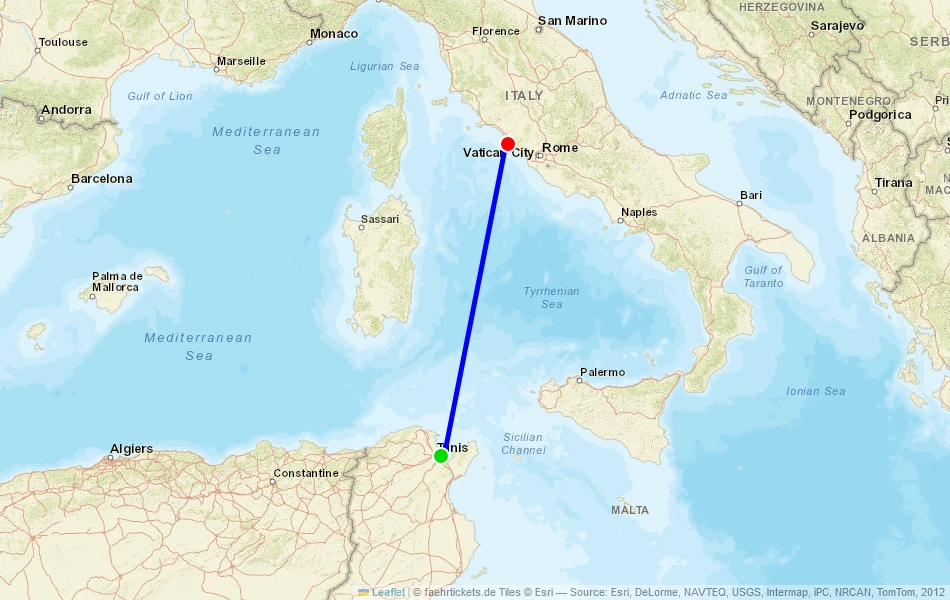 Route der Fähre von Tunis (Tunesien) nach Civitavecchia (Italien) auf der Karte