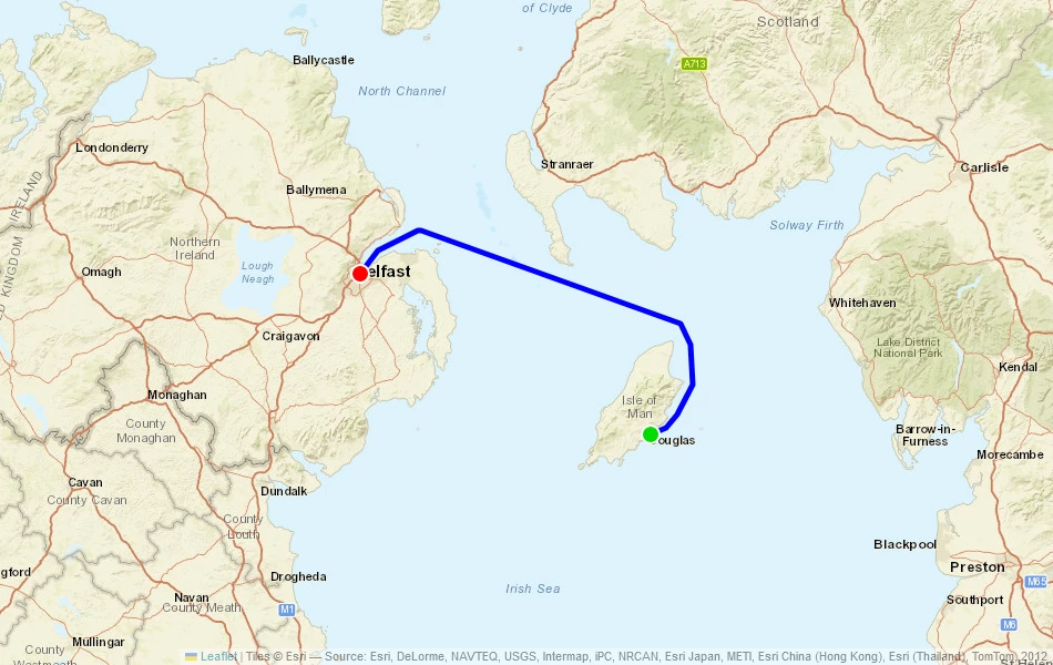 Route der Fähre von Douglas (Isle of Man) nach Belfast (Vereinigtes Königreich) auf der Karte