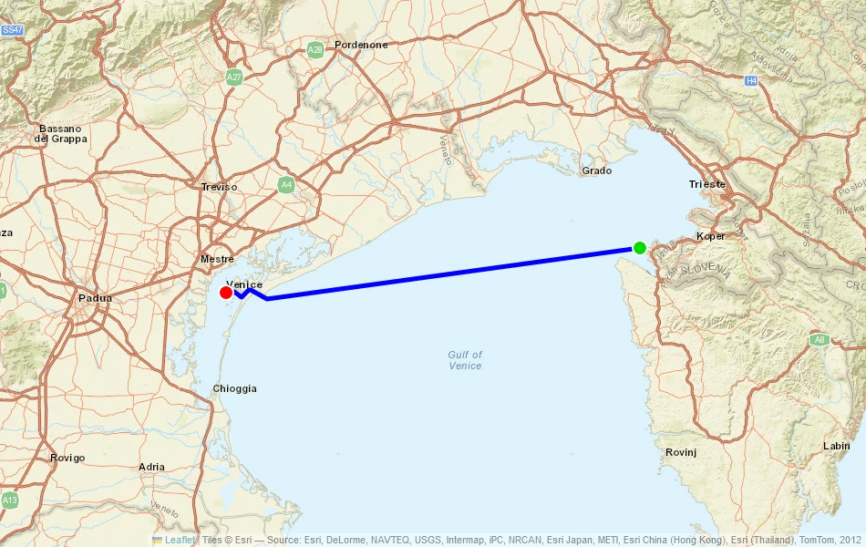 Route der Fähre von Piran (Slowenien) nach Venedig (Italien) auf der Karte