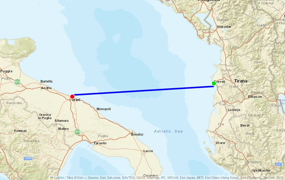 Route der Fähre von Durres (Albanien) nach Bari (Italien) auf der Karte