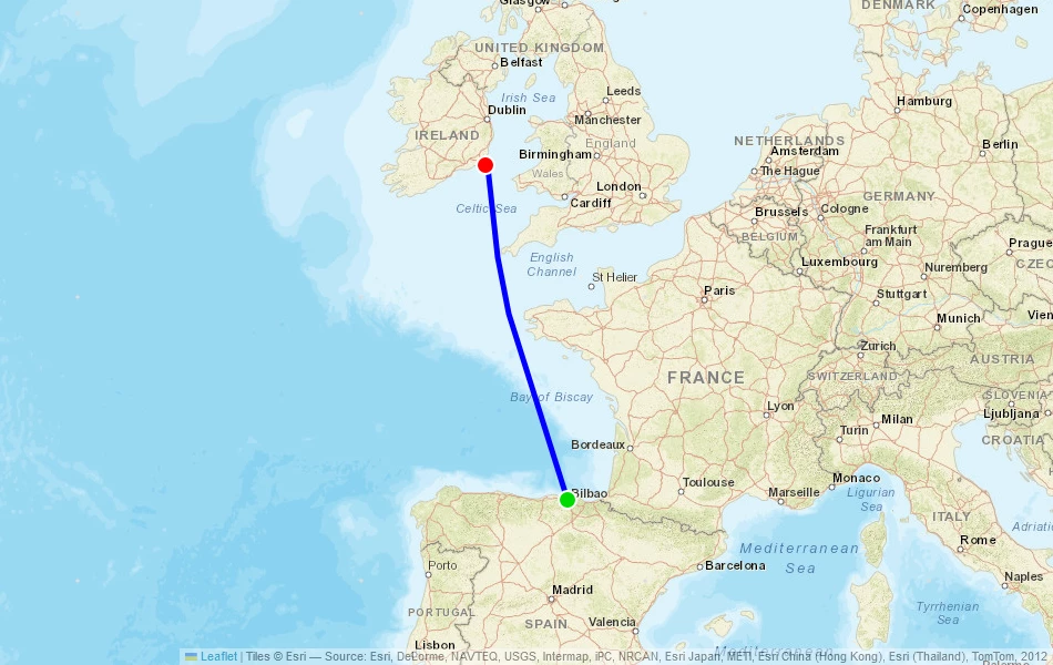 Route der Fähre von Bilbao (Spanien) nach Rosslare (Irland) auf der Karte