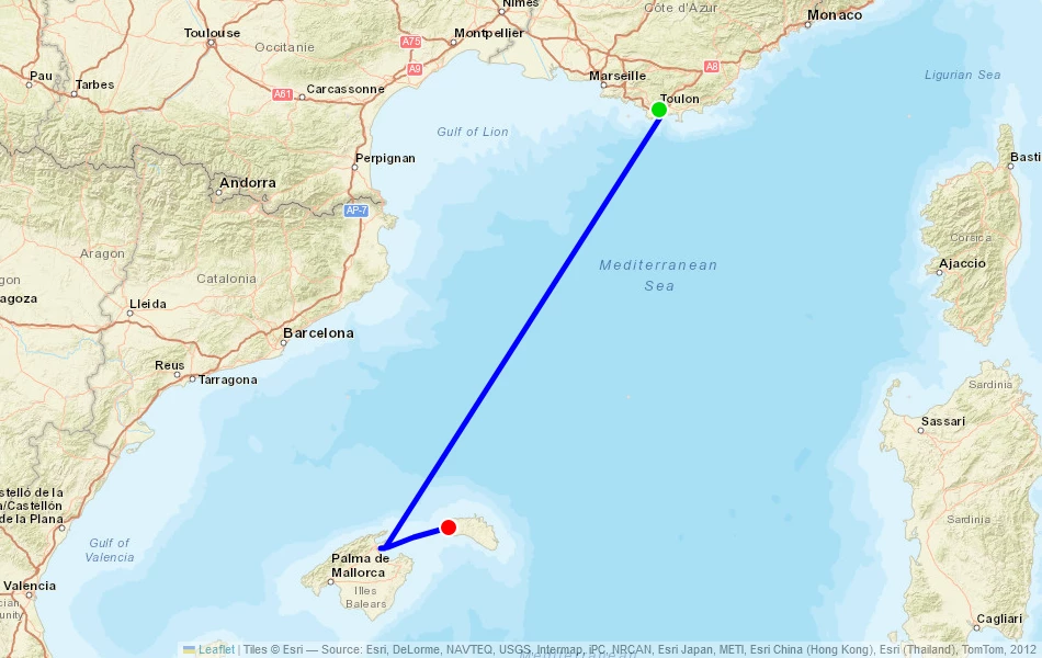 Route der Fähre von Toulon (Frankreich) nach Ciutadella (Spanien) auf der Karte
