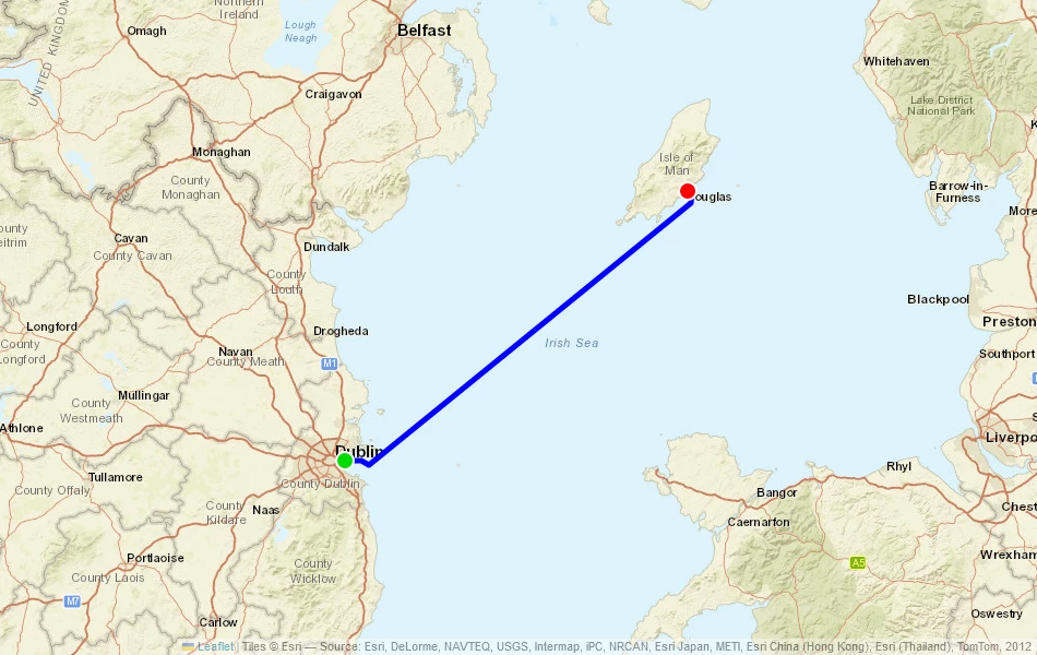 Route der Fähre von Dublin (Irland) nach Douglas (Isle of Man) auf der Karte