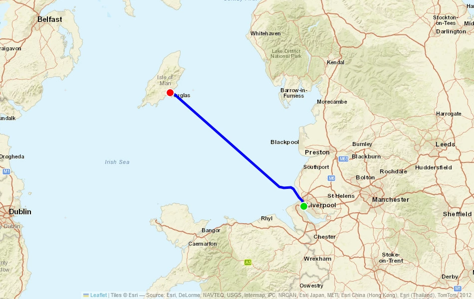 Route der Fähre von Liverpool (Vereinigtes Königreich) nach Douglas (Isle of Man) auf der Karte