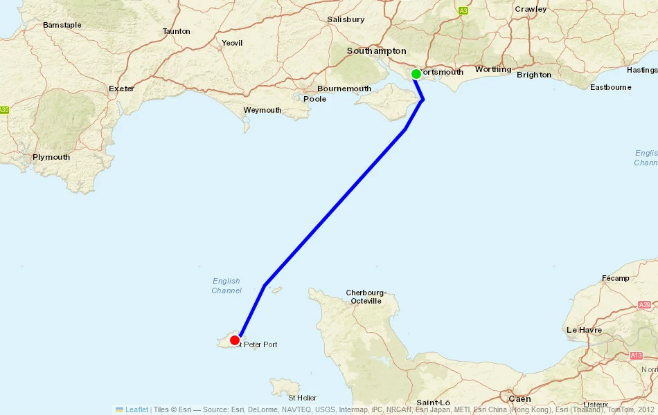 Route der Fähre von Portsmouth (Vereinigtes Königreich) nach Guernsey (Guernsey) auf der Karte