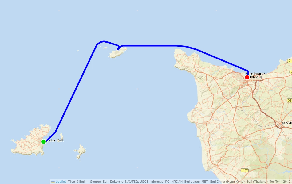 Route der FĂ€hre von Guernsey (Guernsey) nach Cherbourg (Frankreich) auf der Karte Route der FĂ€hre von Guernsey (Guernsey) nach Cherbourg (Frankreich) auf der Karte