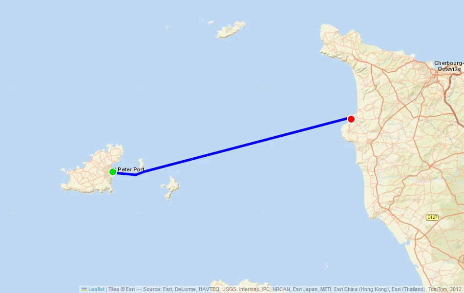 Route der Fähre von Guernsey (Guernsey) nach Dielette (Frankreich) auf der Karte