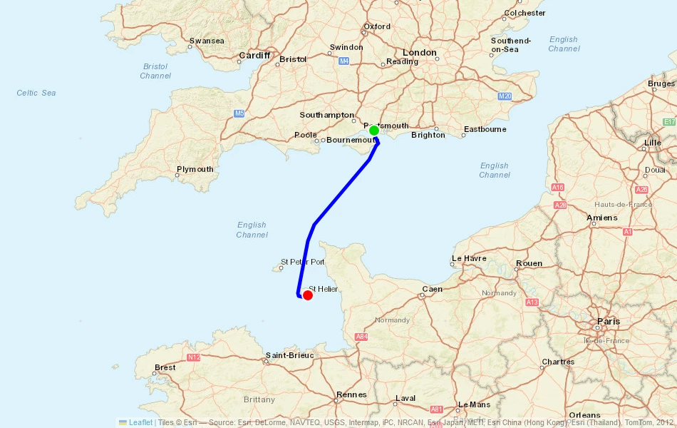 Route der Fähre von Portsmouth (Vereinigtes Königreich) nach Jersey (St Helier) (Jersey) auf der Karte