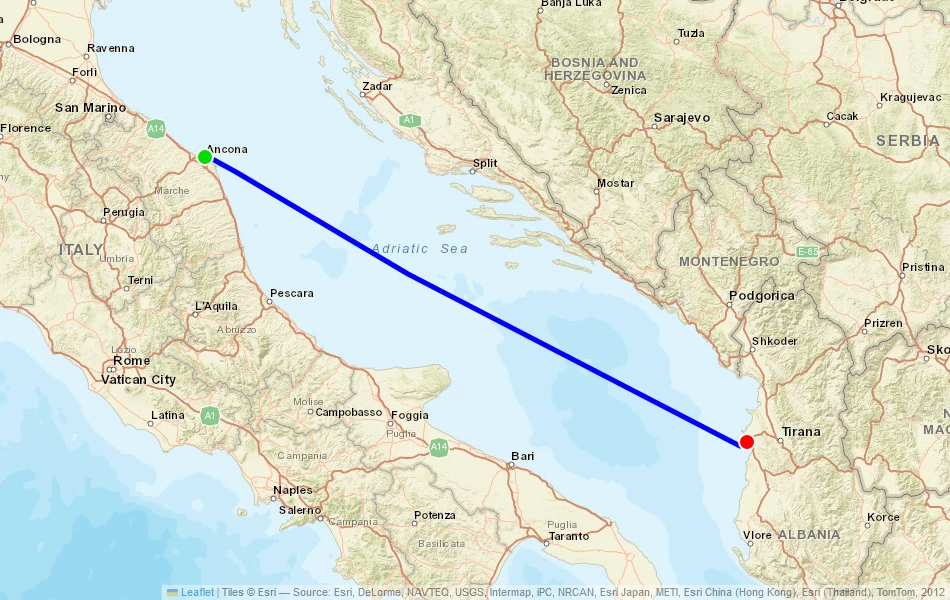Route der Fähre von Ancona (Italien) nach Durres (Albanien) auf der Karte