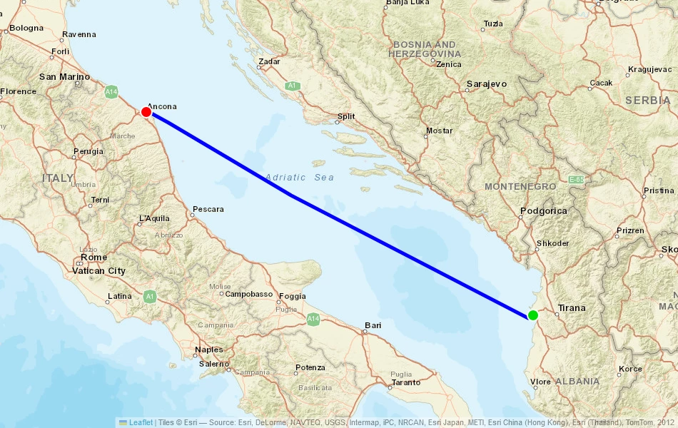 Route der Fähre von Durres (Albanien) nach Ancona (Italien) auf der Karte