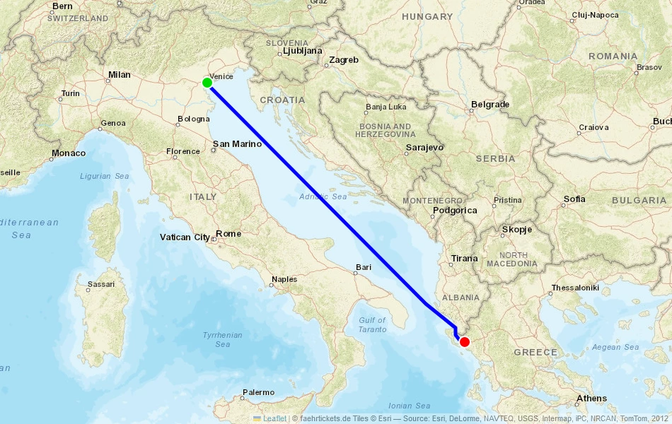 Route der Fähre von Venedig (Italien) nach Igoumenitsa (Griechenland) auf der Karte