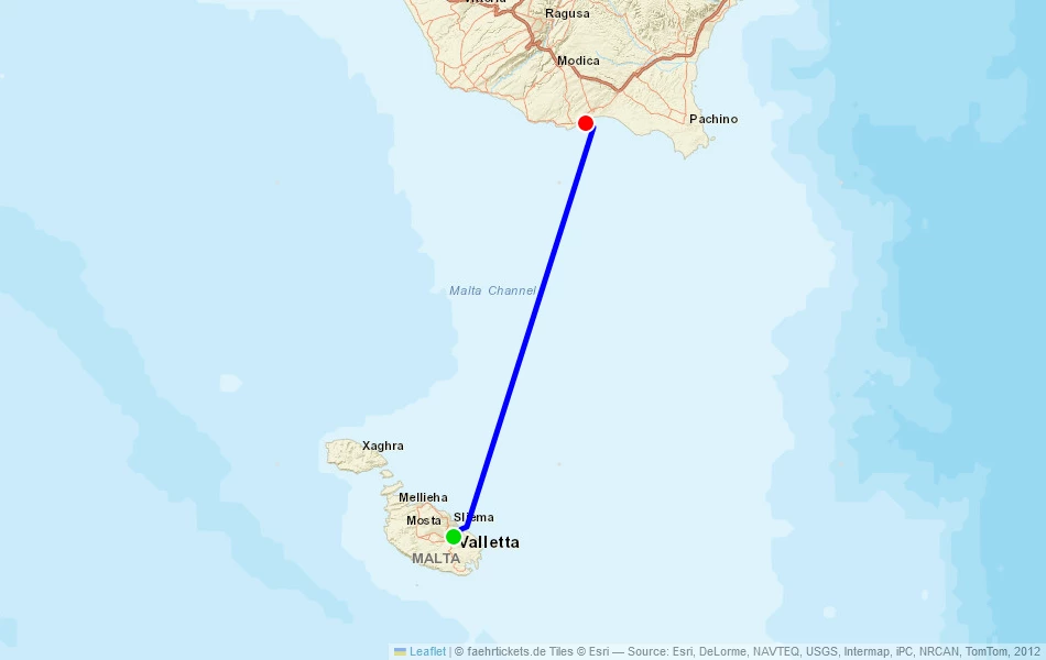 Route der Fähre von Valletta (Malta) nach Pozzallo (Italien) auf der Karte