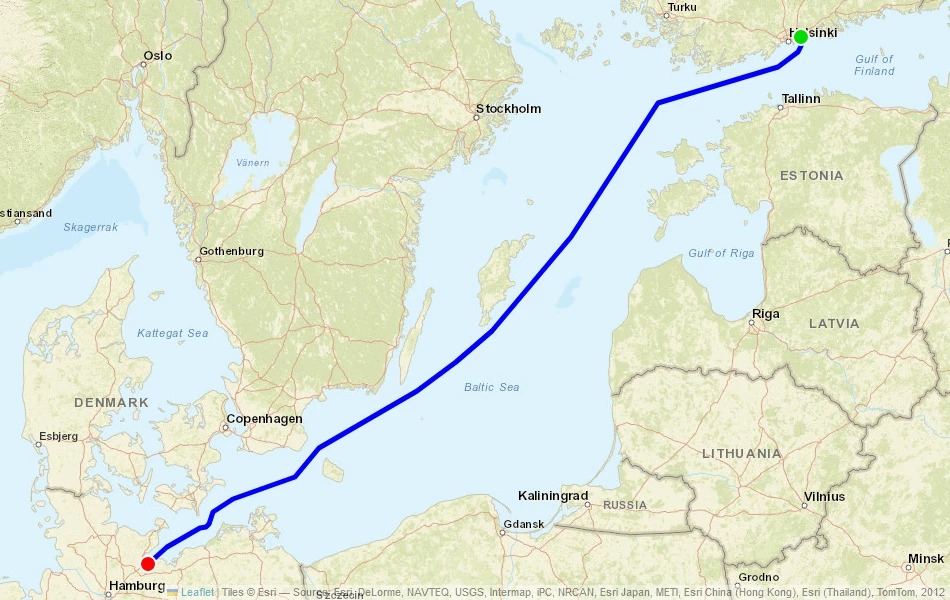 Route der Fähre von Helsinki (Finnland) nach Travemünde (Deutschland) auf der Karte