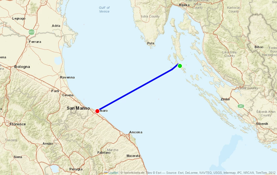 Route der Fähre von Mali Losinj (Kroatien) nach Pesaro (Italien) auf der Karte