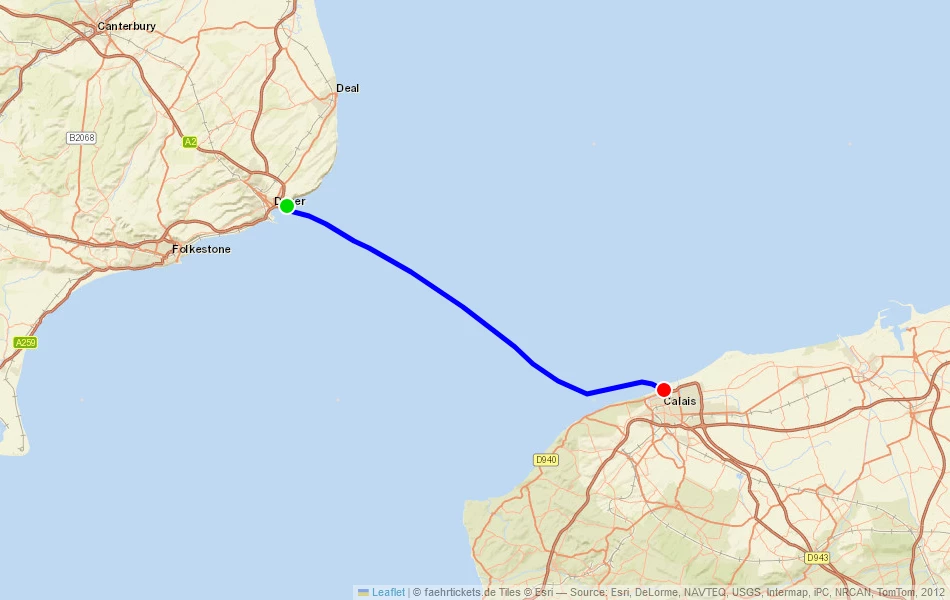 Route der Fähre von Dover (Vereinigtes Königreich) nach Calais (Frankreich) auf der Karte